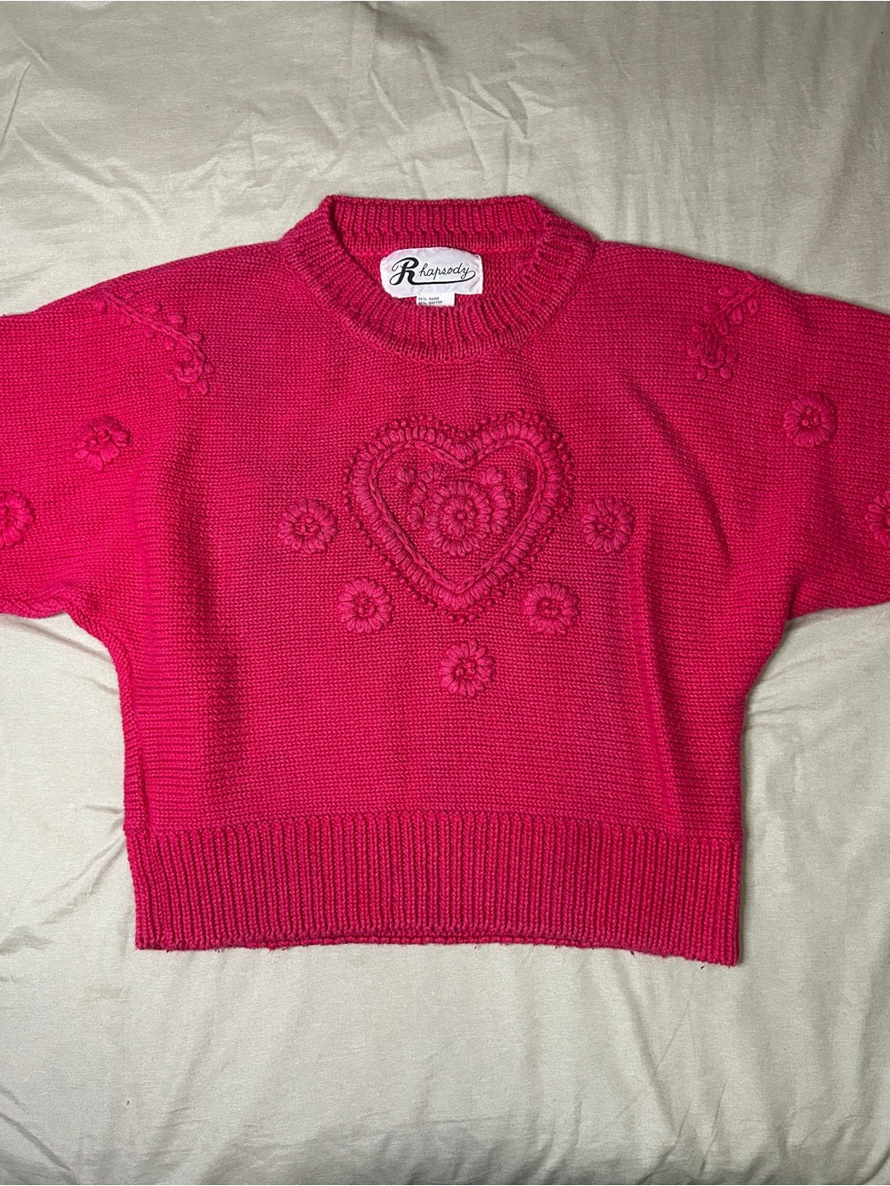 Vintage Hot Pink Embroidered Heart Short-Sleeve Knit Top